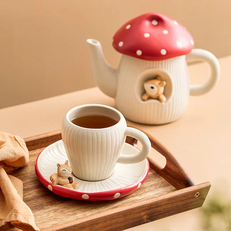 Cute Teapot Red Mushroom Ceramic Afternoon Tea Set Coffee Cup Saucer Creative European Cartoon Flower Teapot