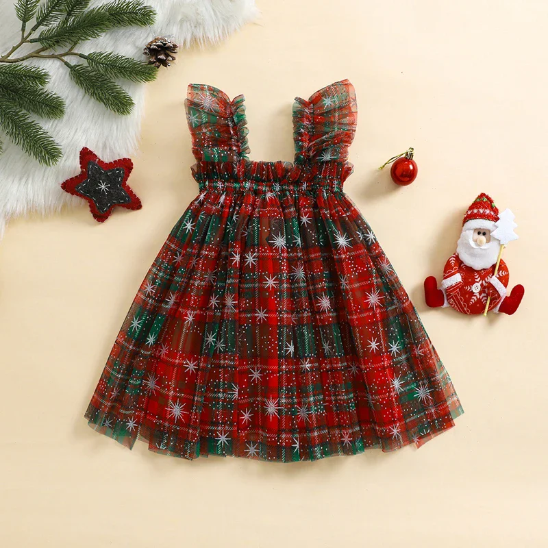 Baby Girl Kids Christmas Clothes Princess Tulle Dress Candy Cane/Plaid Print Sleeveles Square Neck Mesh Toddler Party Xmas Dress