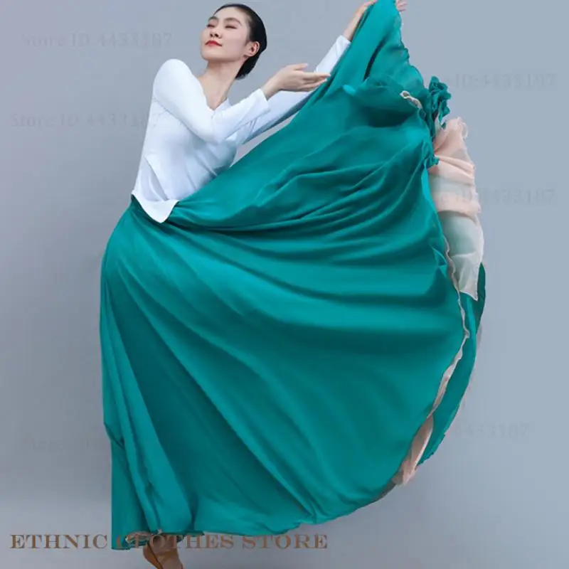 Women 720 Degree Chiffon Tencel Skirt Ballet Belly Dance Gypsy Long Skirts Dancer Practice Wear Contrast Color Large Swing Skirt