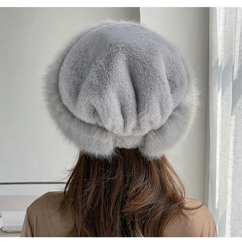 Faux Fur Winter Hat for Women Beanies Solid Color Plush Outdoor Warm Fluffy Snow Ski hats Russian Cap Female