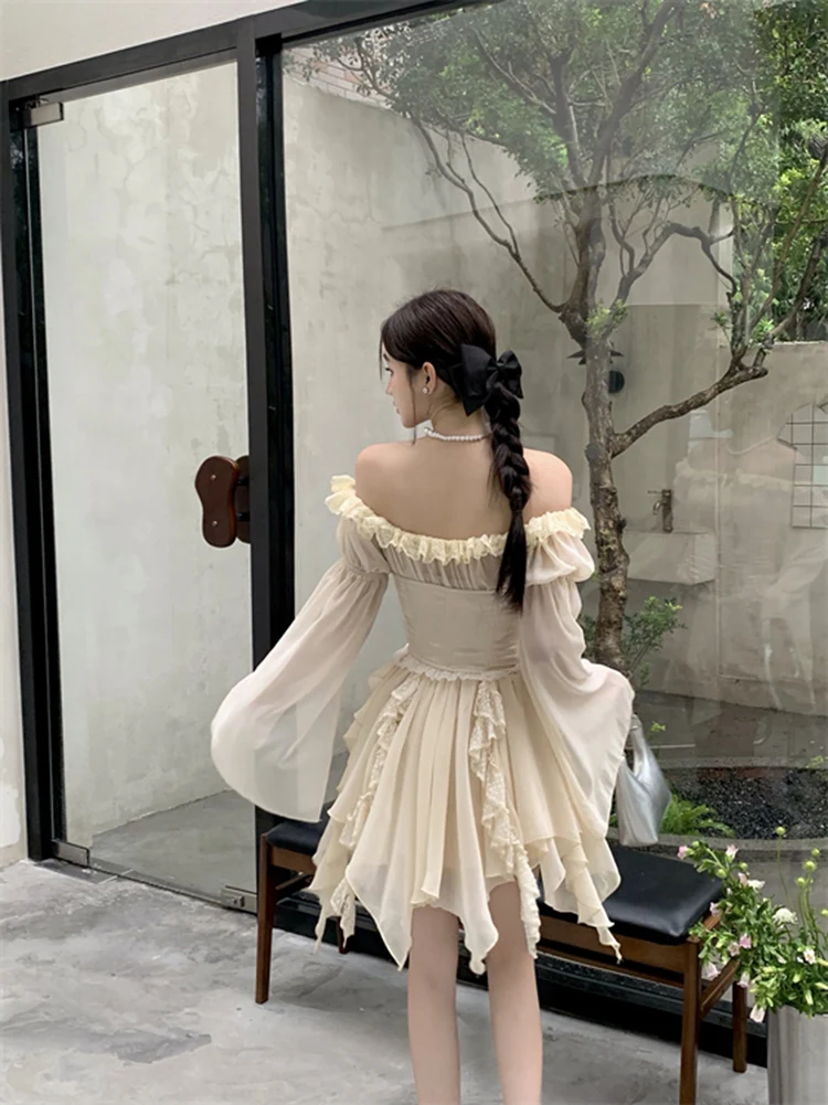Roriri doce fora do ombro uma peça mini vestido feminino elegante sexy magro roupas de festa irregular coreano chique espartilho vestido de fadas