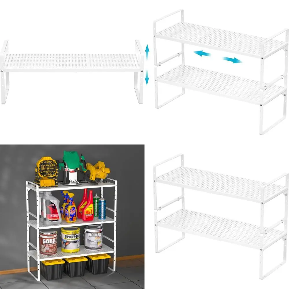 

2-Tier Adjustable Steel Spice Rack, Large Expandable Cabinet Shelf for Home, Office, Kitchen, and Garage - White