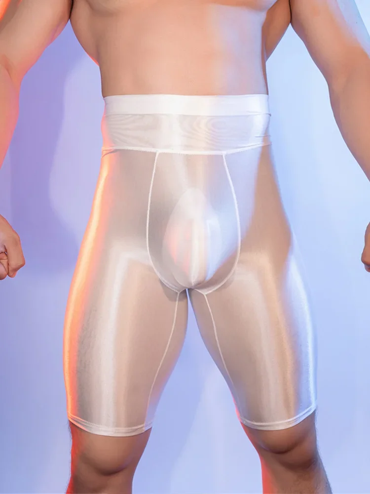 Bragas cortas sexis de cintura alta para hombre, Boxer con bolsa para bulto convexo en U, ropa interior transparente transpirable suave con manchas brillantes al óleo