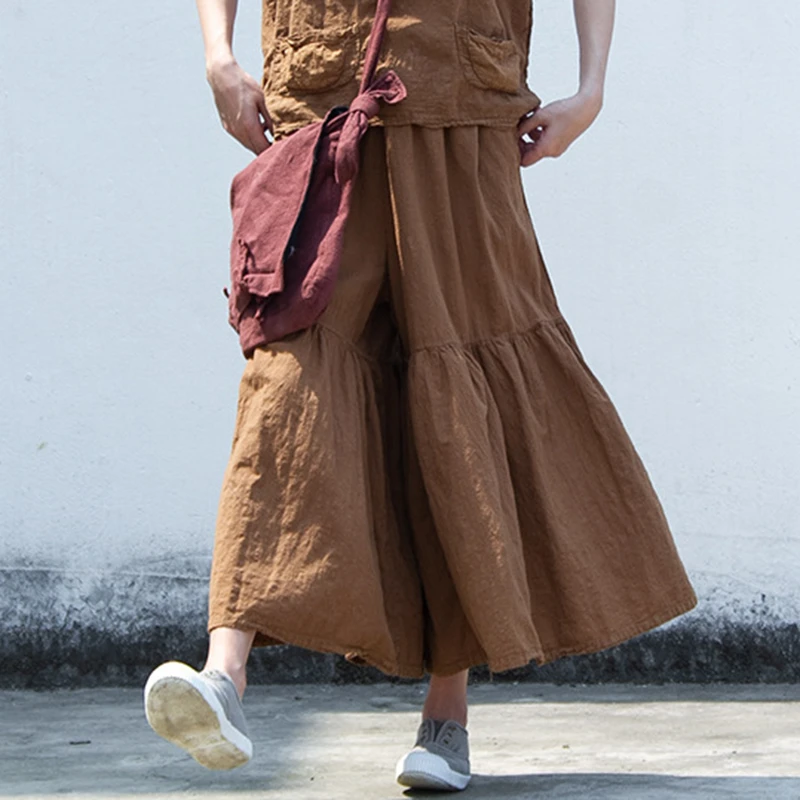 Hoge taille katoen linnen wijde pijpen broek dames nieuwe 2025, zomer vintage stijl effen kleur vrouwelijke enkellange casual broek M1537