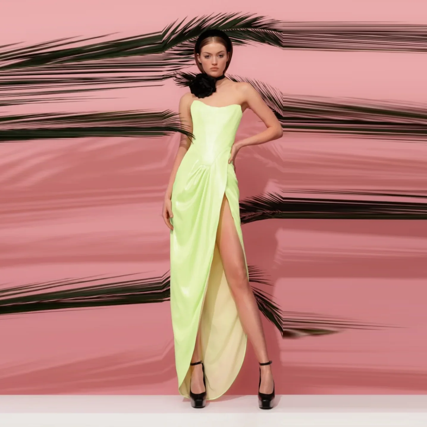 Charming Neon Yellow Women Dresses Strapless Leather Off Shoulder Long Prom Gowns Ruched Straight Sexy Party Dress with Split