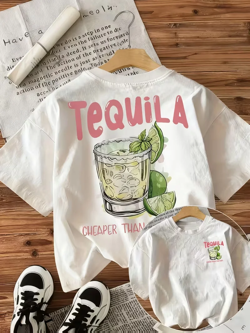 Camiseta con estampado de cóctel de tequila y lima, camiseta para mujer con estampado frontal y trasero, camiseta informal de manga corta con cuello redondo para uso diario ﻿