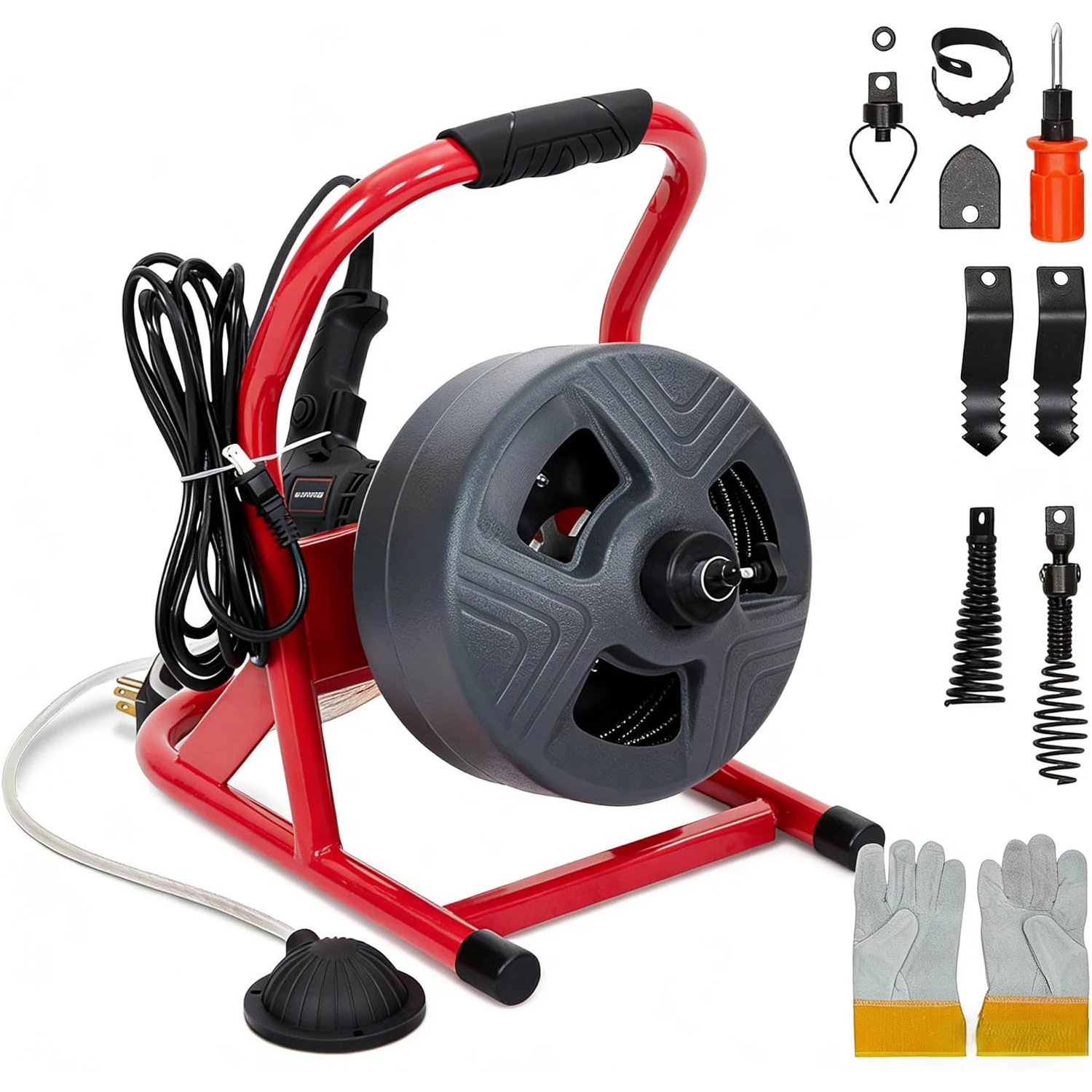new 50Ft x 5/16 Inch Electric Drain Auger Cleaner Sewer Snake Machine Foot Switch with 6 Cutters,Glove for 3/4 to 3 Inch Pipes