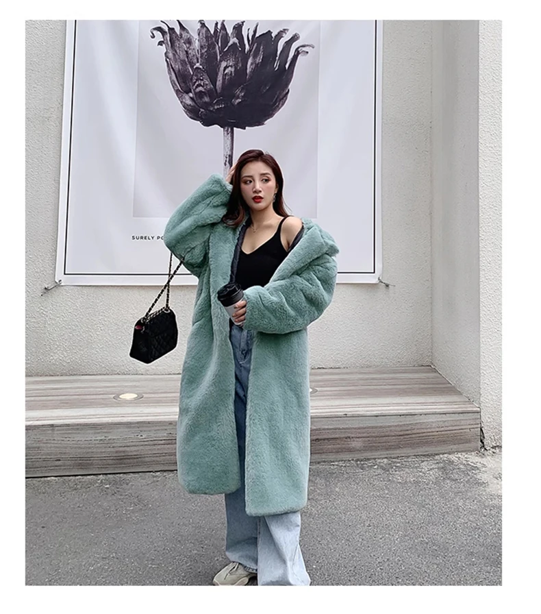 Lautaro Winter Long Loose Casual Windproof Soft Thick Warm Fluffy Green Black Faux Fur Coat Women with Hood Furry Overcoat 2023