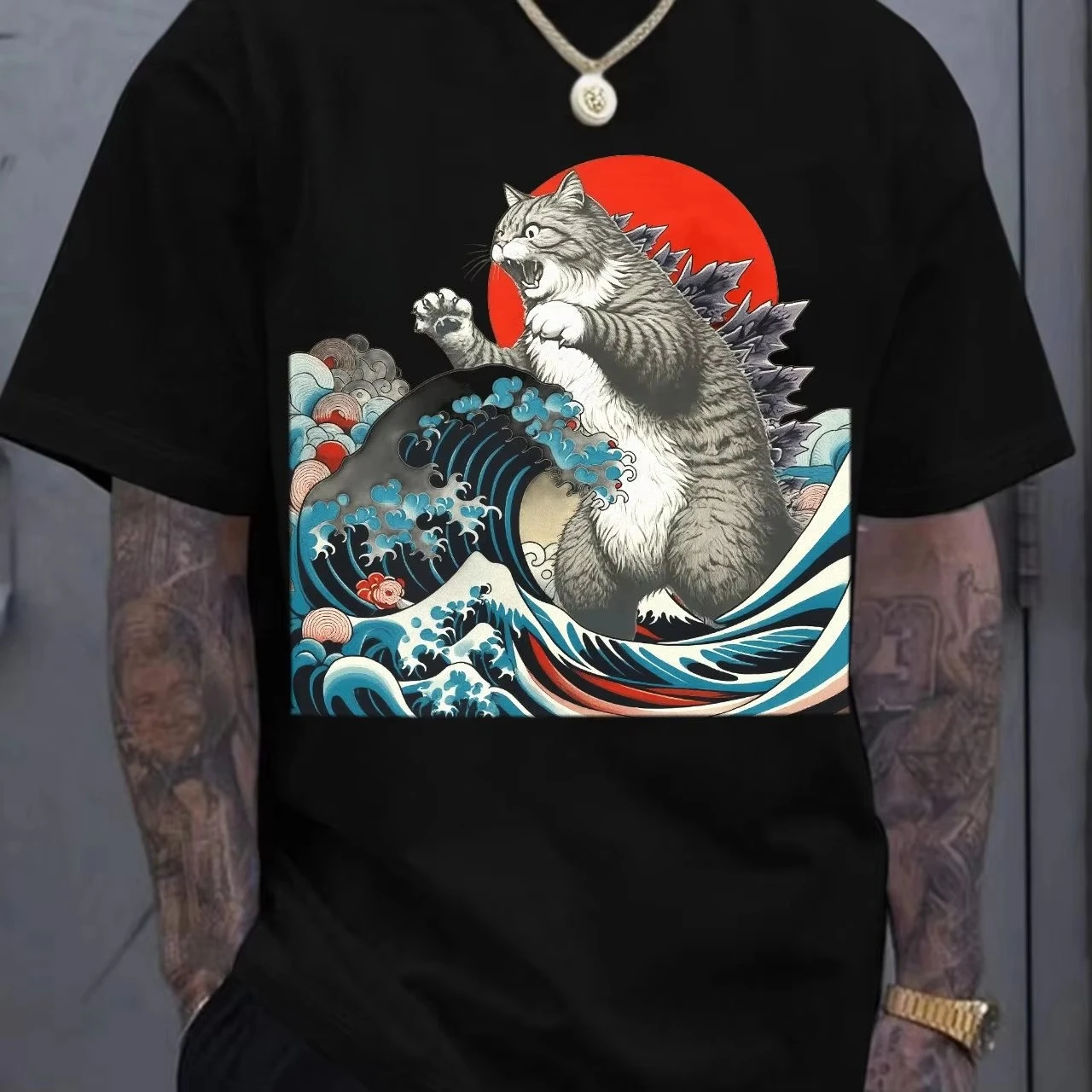 الفن الياباني مضحك القط هدايا للرجال النساء جودة عالية س الرقبة قصيرة الأكمام 100% القطن قمم تي شيرت