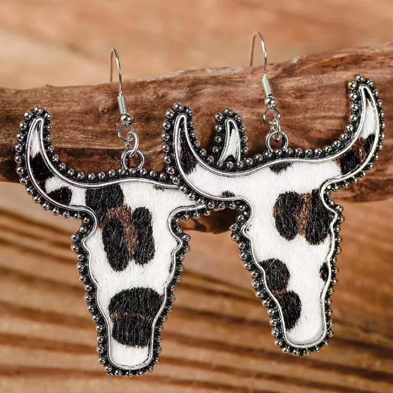 

Western Wear~ Iron Bullskull Drop Earrings Cow Print Black and White Cow Print Bull Head Earrings EAR1000268