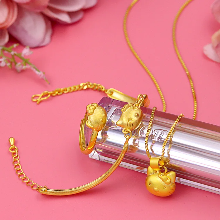 9999 Real Gold 24K Kitty Cat Necklace Pixiu Necklace Bracelet Ring Three-piece Set Cute Girl Set Gift