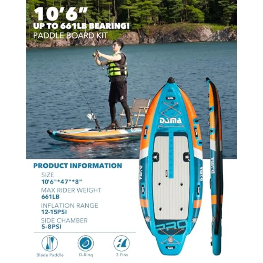 Fishing paddle board for adults triple chamber inflatable SUP 10'8×47 extra wide blue includes 3 removable fins 2 fishing rod h