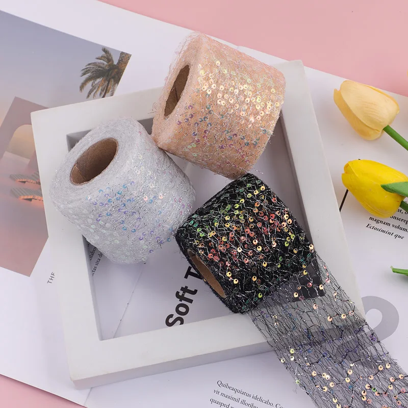 10Yards 6CM Sequin Chiffon Ribbon with Silver Gold Wire for DIY Hair Bow Clothing Sewing Supply Craft Accessories Tulle Ribbon
