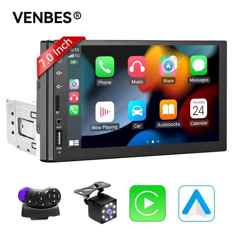 VENBES Carplay Android Auto Car Radio 1 DIN Din Mirrorlink Bluetooth 5.0 USB FM 7 Inch Touch Screen with CVBS Camera