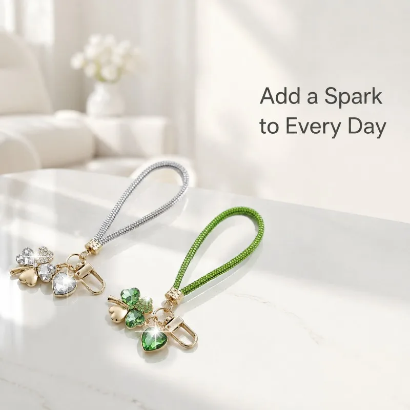 Rhinestone Wrist Keychain Four‑Leaf Clover Heart Crystal Charm Anti‑Lost Key Ring for Women Handbag Purse Car Key Accessory