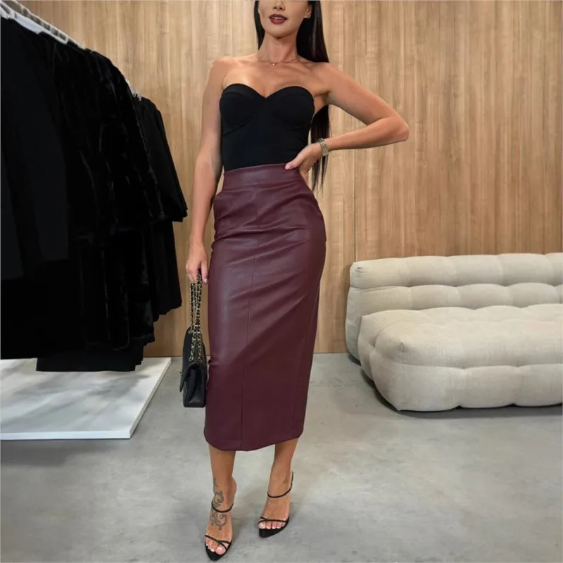

New Fashion Slim Pu Leather Skirt 2026 Women Solid Color High Waist Package Hip Slit Skirts Streetwear Office Lady Female