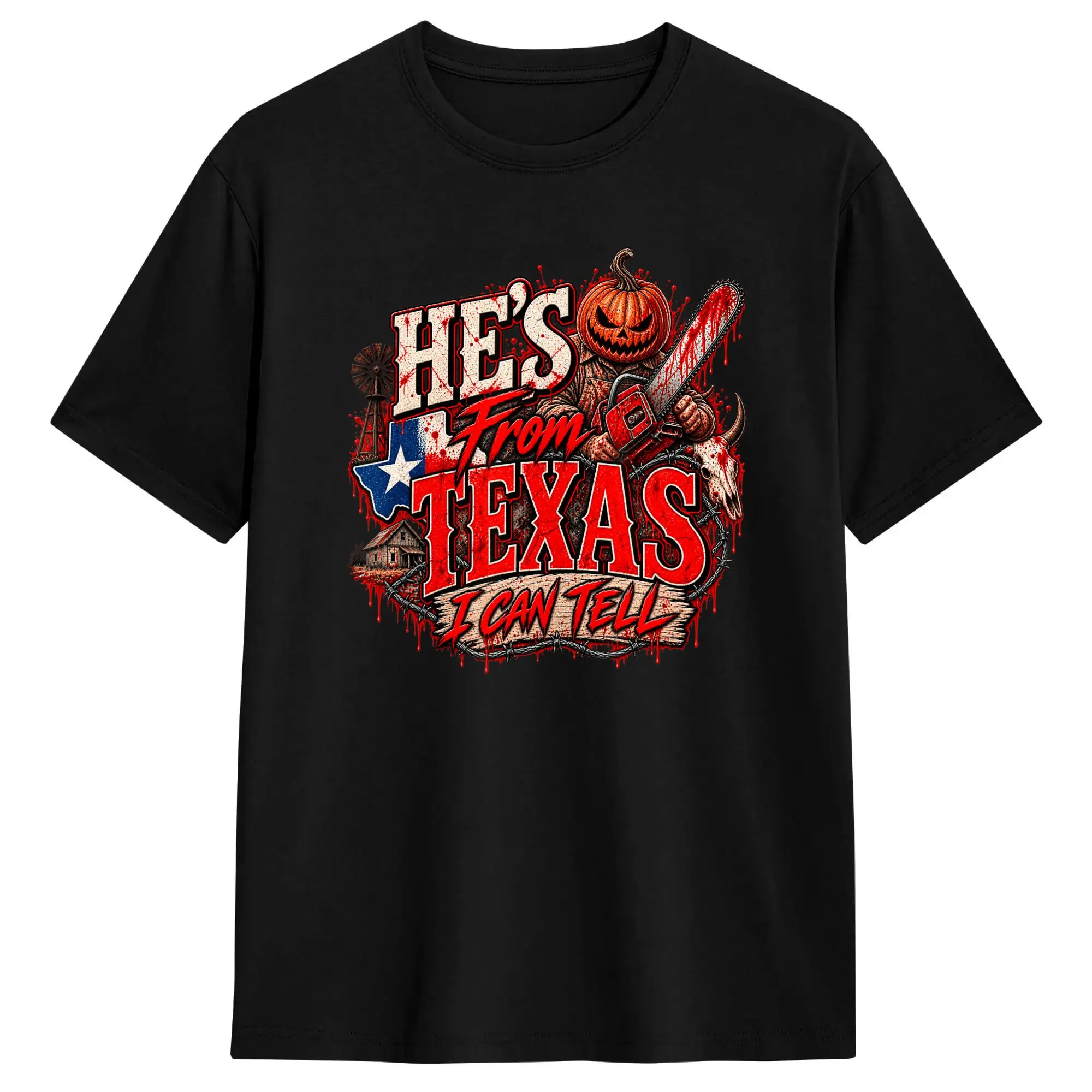 Hes from Texas I Can Tell Halloween Pumpkin Horror T Shirt B0HG6DC9QV T Shirt Men Streetwear T-Shirts Summer O Neck Harajuku Tee