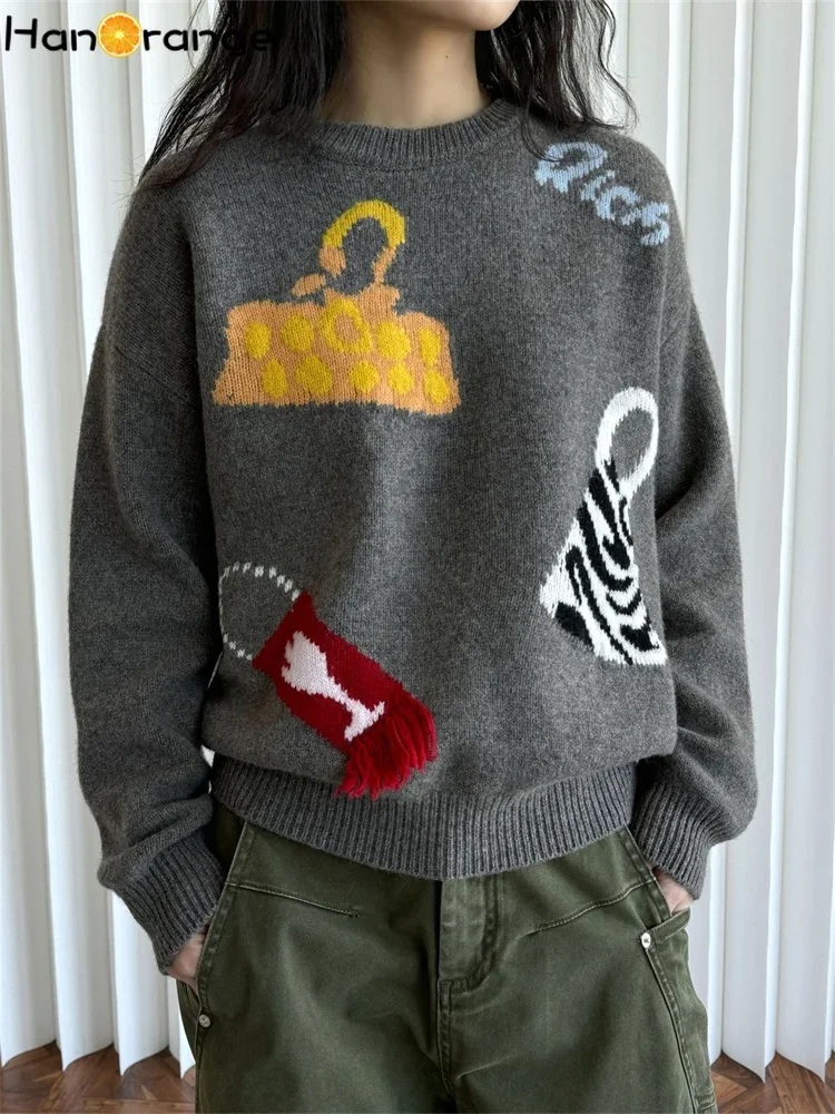 

HanOrange 2025 Early Spring Retro Lazy Feeling 100% Wool Jacquard Sweater Women Soft Skin Friendly Pullover Top Brown