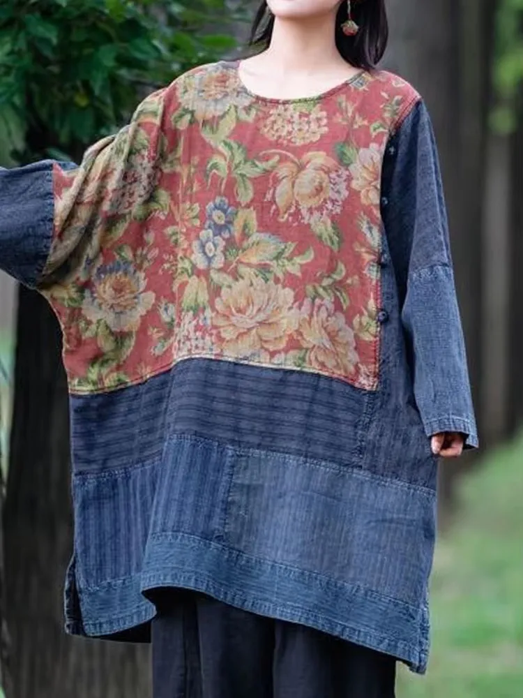 Amax LuluE Gaun Denim Tiongkok Tambal Sulam Cetak Musim Gugur Wanita Pakaian Klasik Longgar Santai Ukuran Besar Vintage Mode