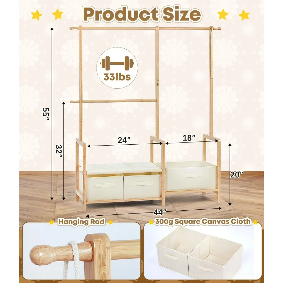 Bamboo Clothing Rack with Triple Hanging Poles for Child Dress Up and Costume Storage Compact Garment Rack with 3 Adjustable St