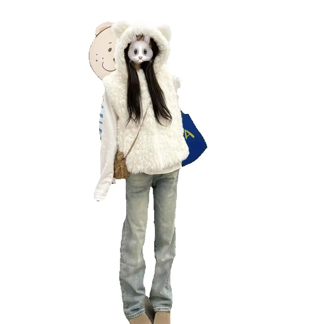 

Cute little bear ears, eco-friendly fur vest, female white lambskin coat with hat, loose fur vest