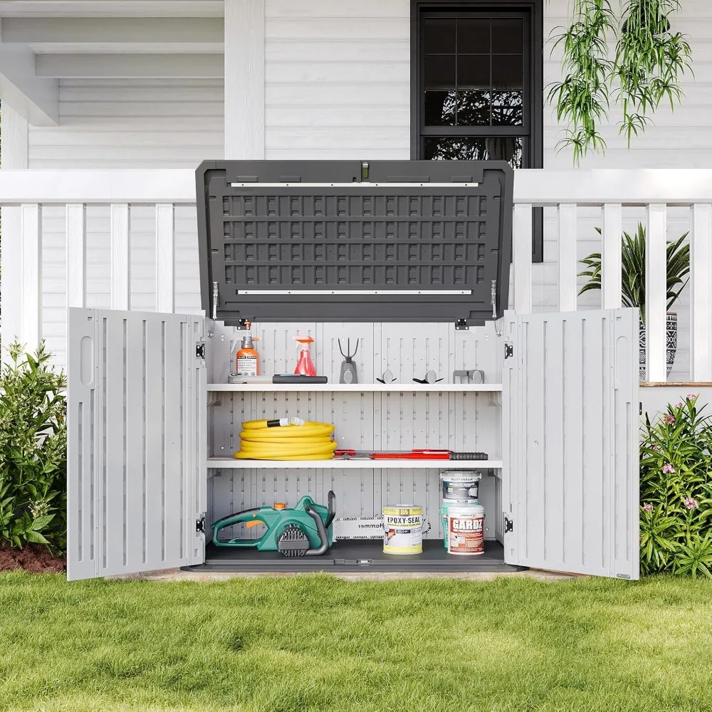 Horizontal Storage for Garbage Bin，White Outdoor Storage Cabinet with 2 Shelves, 35 Cu.Ft Trash Can Storage Shed, Waterproof,