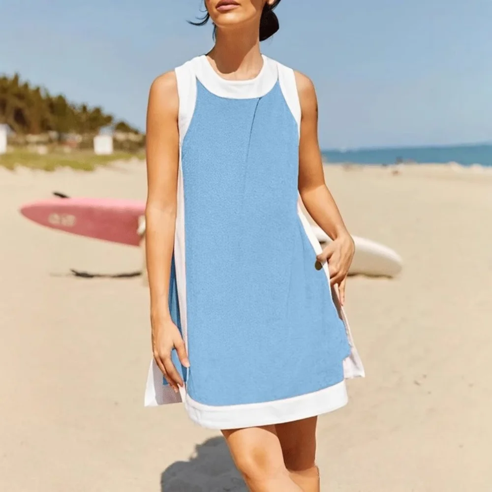 Two Piece Set Woemns Summer Cotton Thick Casual Color Blocked Round Neck Sleeveless Top and Shorts
