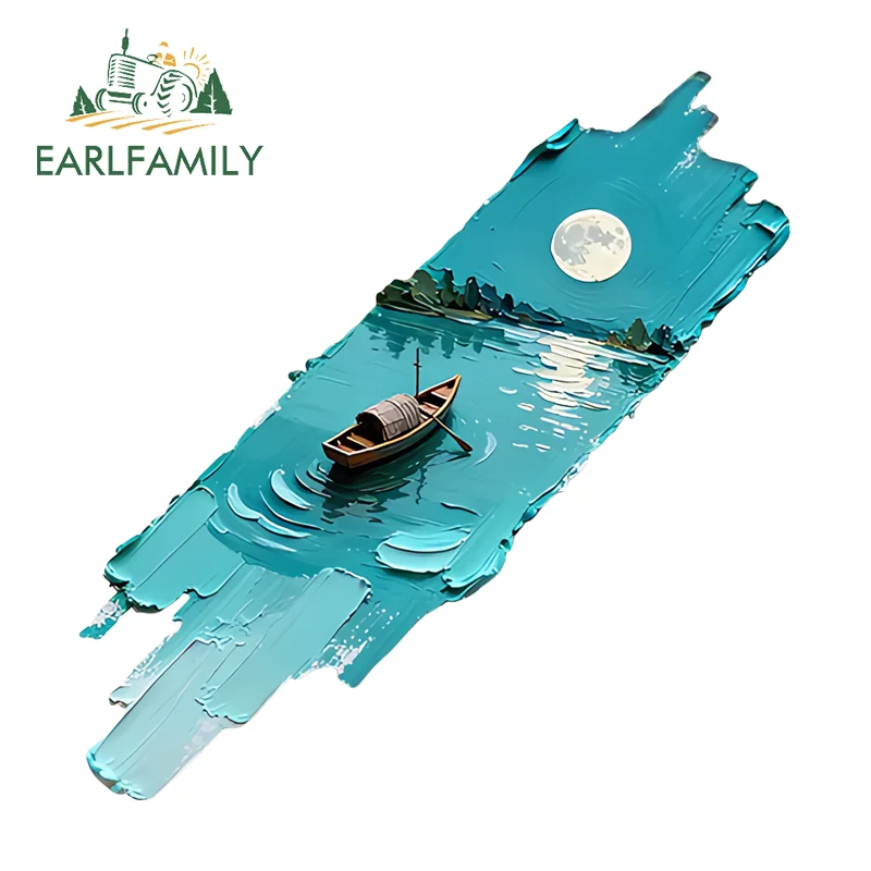 EARLFAMILY Crayon Drawing Small Boat In The Lake Car Accessories Original Stickers Surfboard Windows Caravan Graffiti Decal