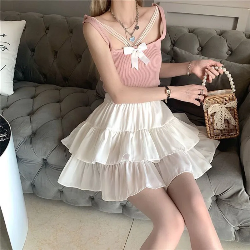 Lucyever Women White Pleated A-Line Skirt Preppy Style Elastic Waist Ruffles Mini Skirts Woman Summer Sweet Kawaii Student Skirt