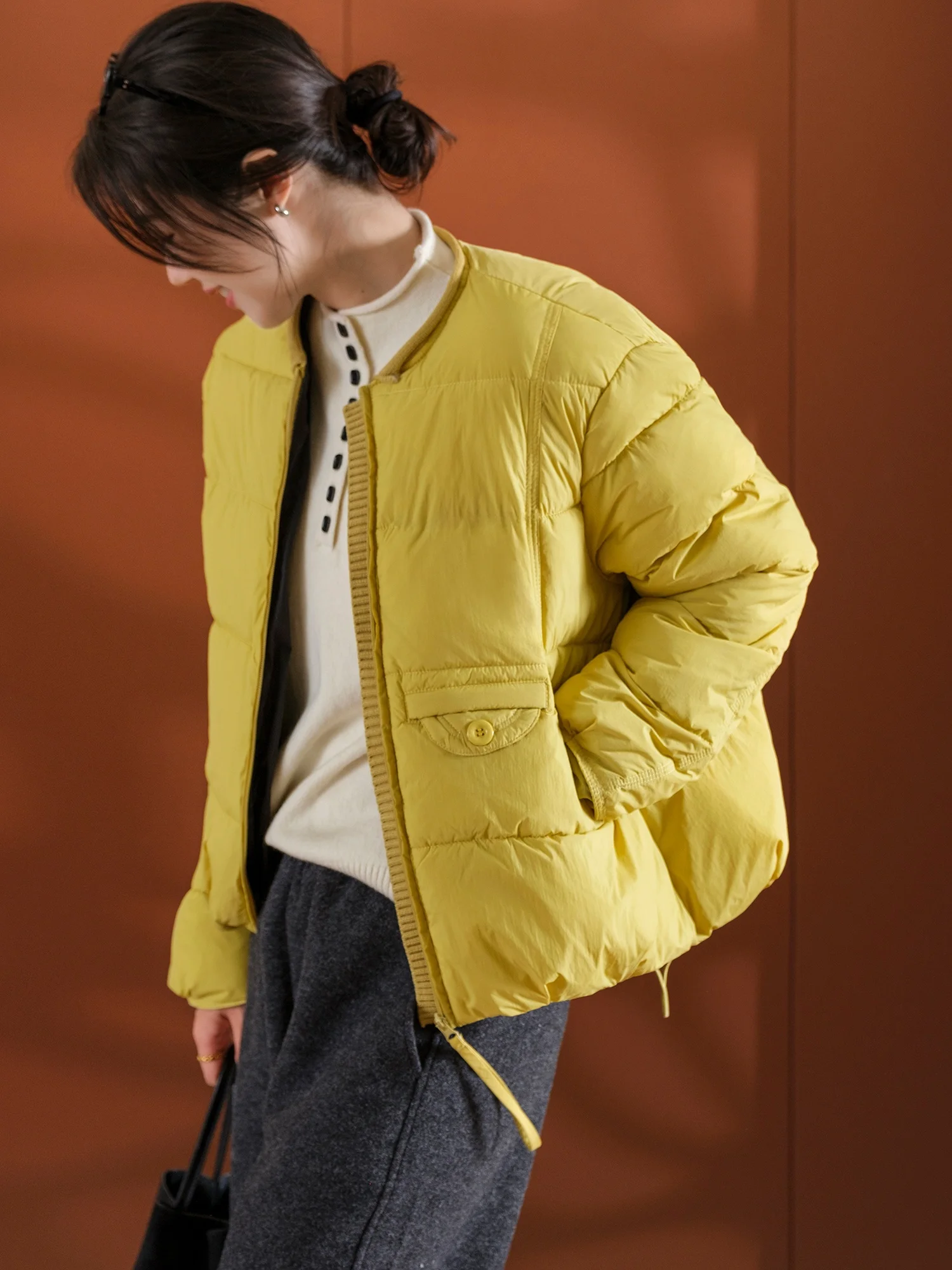 

Loose Knitted Cotton Jaet ort Silhouette Spliced Fill Outerwear Comfortable Fit round Ne Zipper Closure Color