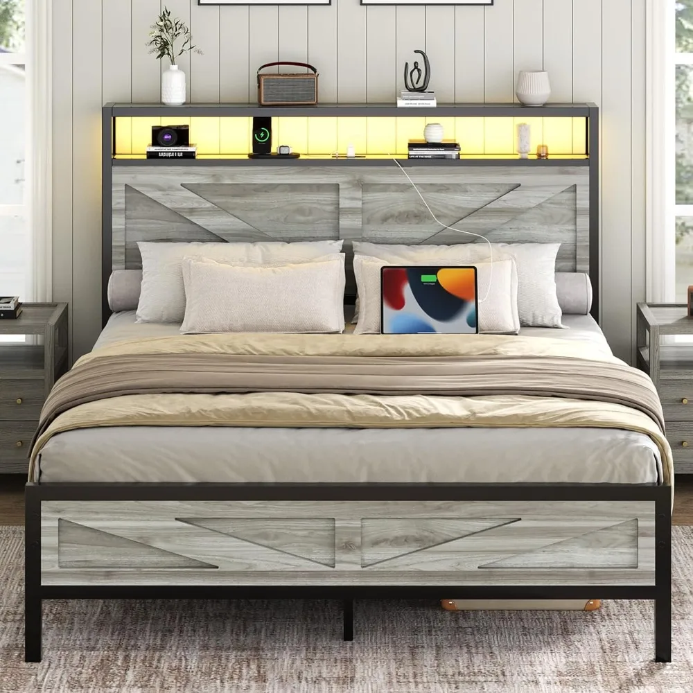 

Queen Bed Frame with Headboard, Queen Bed Frames with Outlets and LED Lights, Rustic Bed Frame with Storage Headboard, Farmhouse