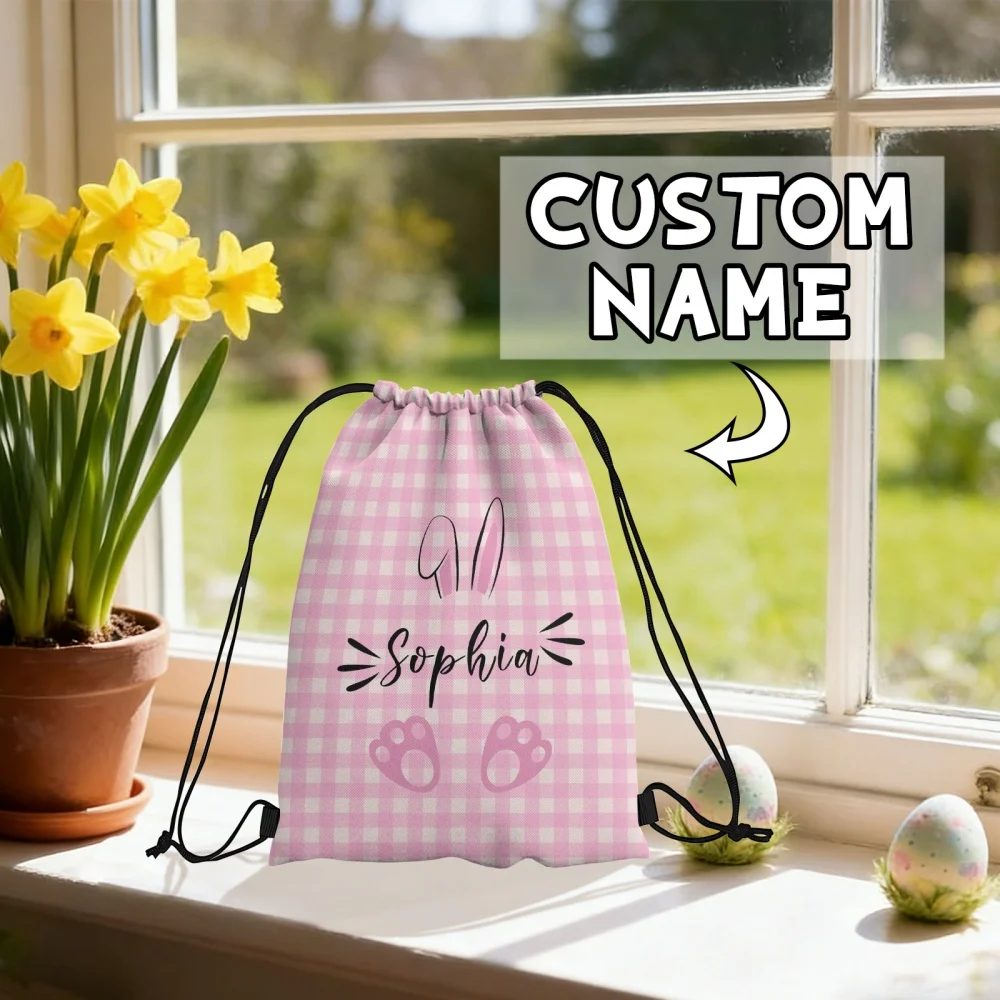 Personalized Easter Bunny Drawstring Backpack Custom Name Pink Gingham Sack Bag,Portable Gym Outdoor Travel Bag Kids Easter Gift