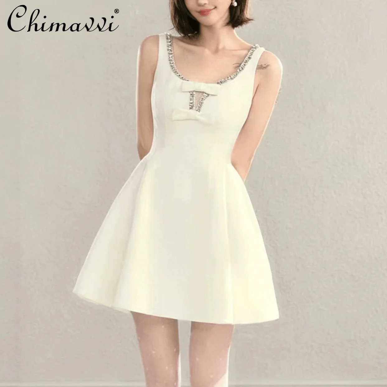

2026 Summer French Elegant Fashion Heavy Industry Bow Diamond Round Neck Sleeveless High Waist A-line Party Short Dress Women