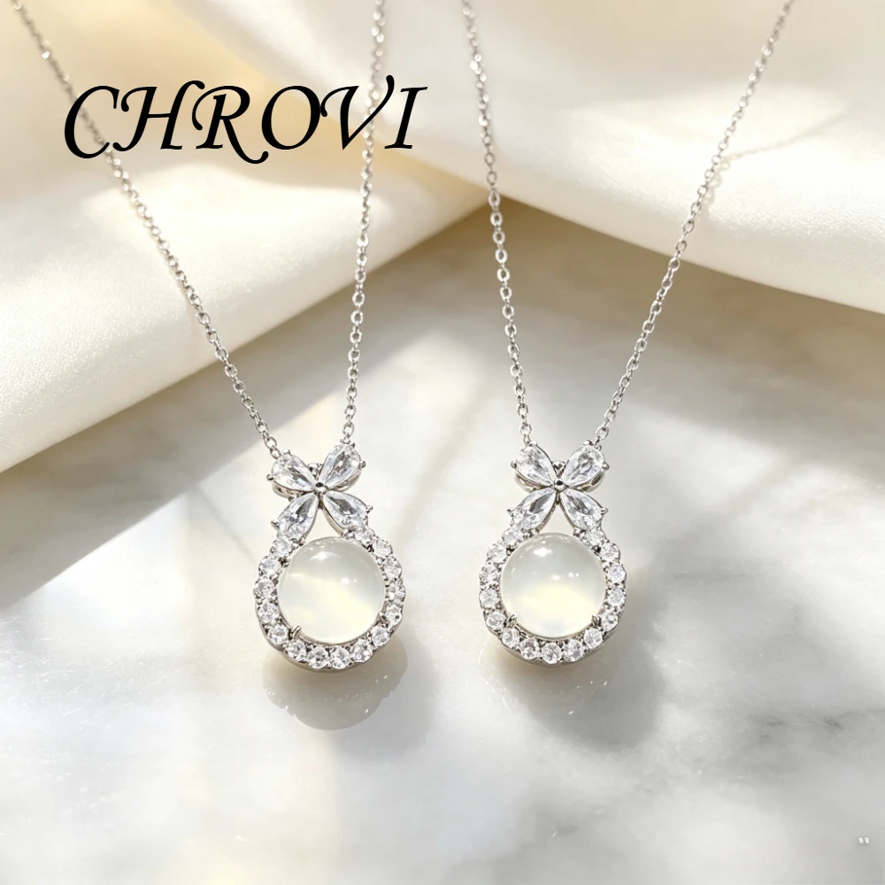 New 925 pure silver high-end flower zircon ice-transparent white jadeite women's bow-shaped luxury collar chain