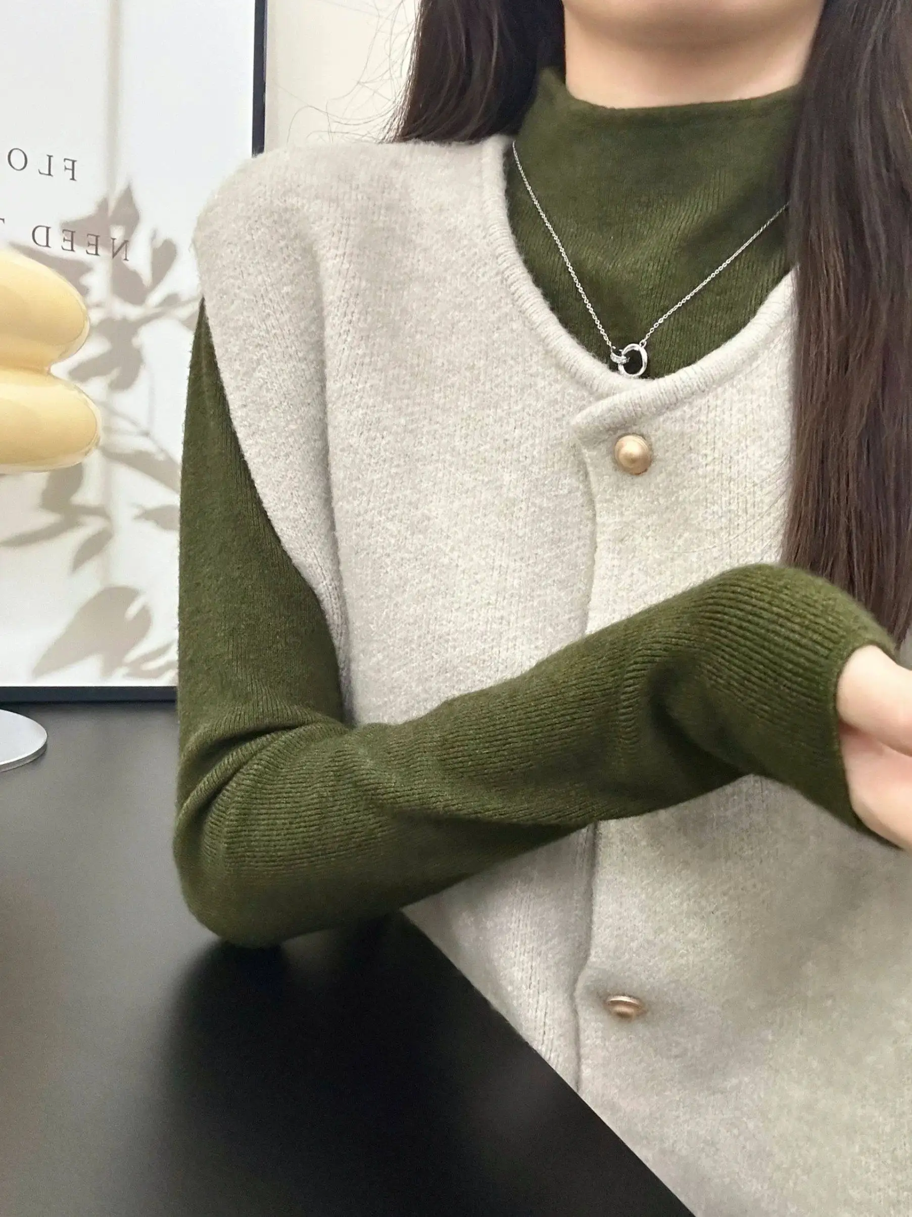 Retro Sle Women's Knitted Vest Top Bot Set Soft Polyester Blend Autumn Winter Faionable Layering Forest System