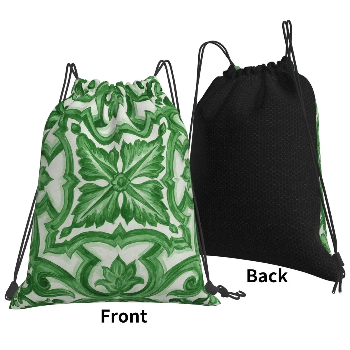 Green Ornate Floral Mediterranean Sicilian Tile Backpacks Portable Drawstring Bags Sports Bag Book Bags for Travel Students
