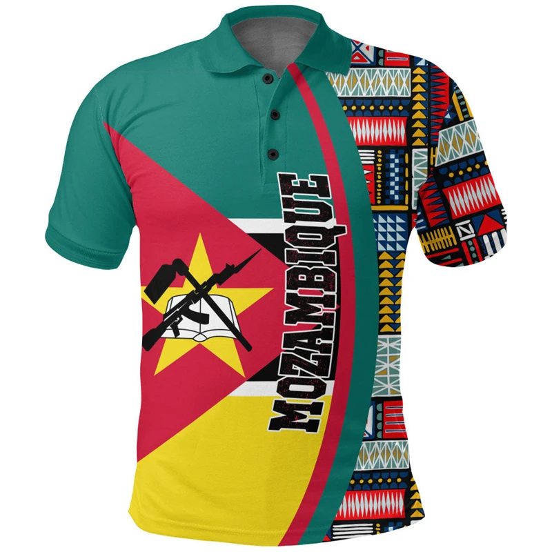 3D Printing Mozambique Flag Map Polo Shirts For Men Clothing Summer Short Sleeve Oversized Male Jersey Tees Tops Mens Streetwear