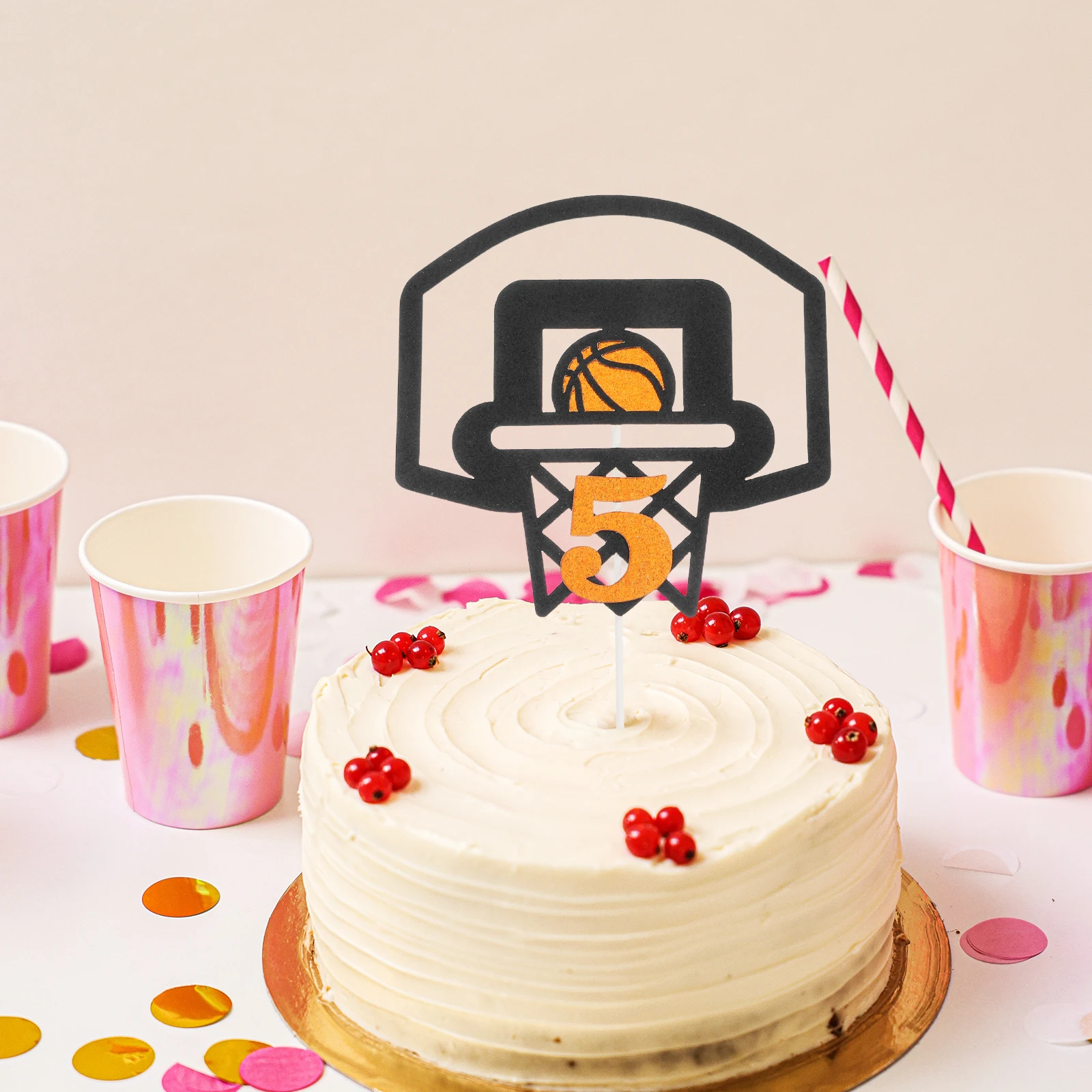 

Basketball Cake Decorations 5th Birthday Supplies Black Card Toppers Glitter Paper Sports Theme Celebrations Cake Picks Party