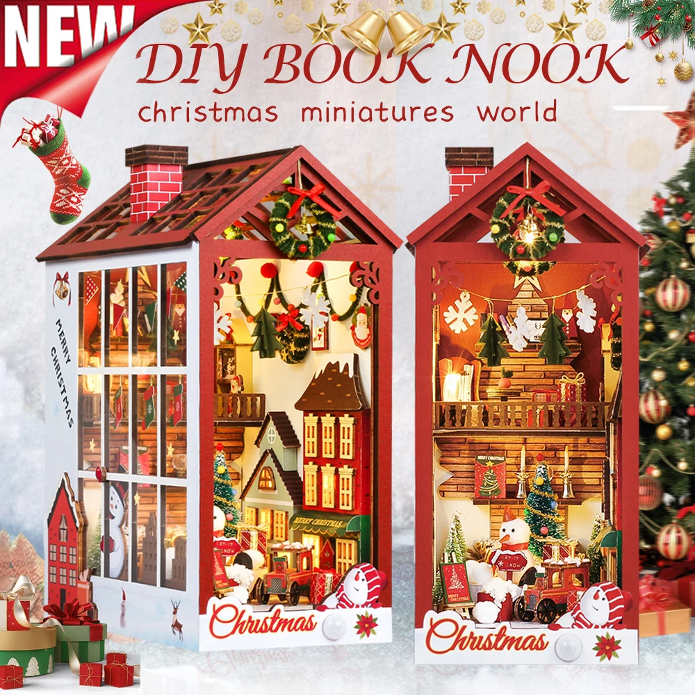 

Book nook Christmas Dollhouse Kit 3D Wooden Puzzle With Sensor Light Dust Cover Booknook Bookshelf Insert for Christmas Gift