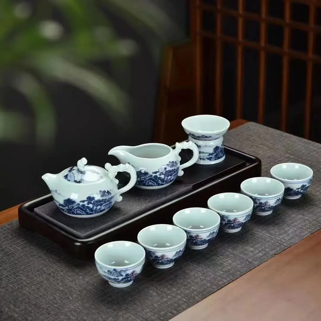 

Chinese Kung Fu Tea Set, Blue and White Porcelain Teaware, Ceramic Teapot, Teacups and Filter 10 Pieces Set, Household Drinkware
