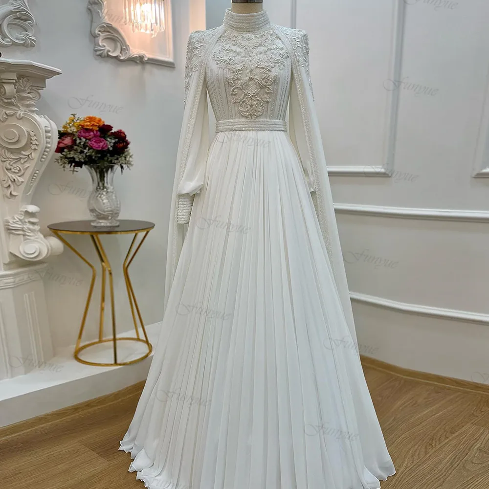 

Funyue Robe De Mariée Elegant Dubai Luxury Muslim Bridal Gowns Lace Beads Chiffon High Neck A-Line Long Sleeve Wedding Dresses