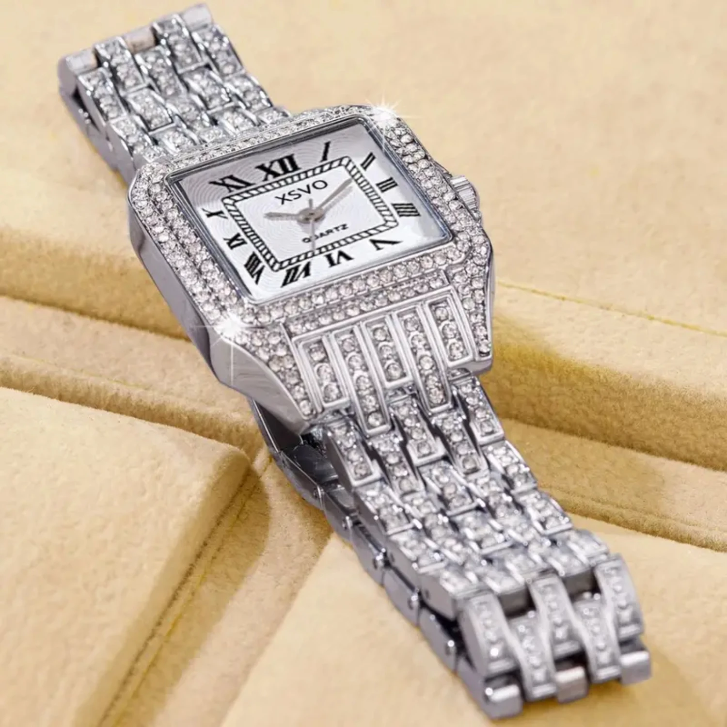 ساعة كوارتز بحزام فولاذي مربع كبير الحجم ولوحة حجر الراين #2