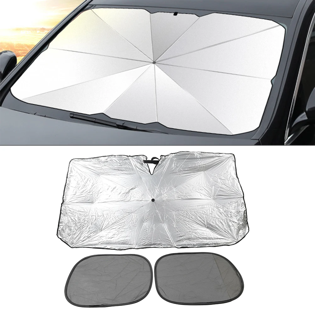 Front Window Cover Visor Umbrella Foldable Umbrella Car Windshield Sun Shade 3 Pcs Cloth with Titanium Silver Coating