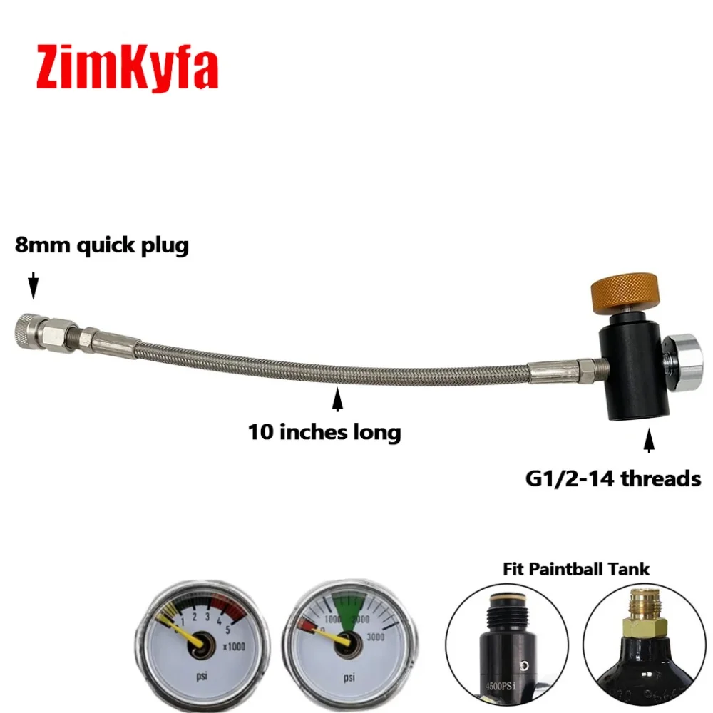 

High Pressure Air Fill Adapter Braided Hose Kit 10 Inches with 3000psi or 5000psi Gauge with 8mm female quick coupler Fit for G1