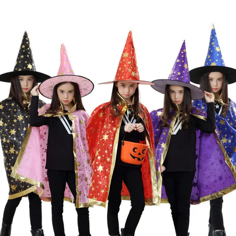 

Children Cloak with Witch Hat Boys Girls Cosplay Costume Teens Black Purple Red Carnival Photography Props Kids Christmas Cape