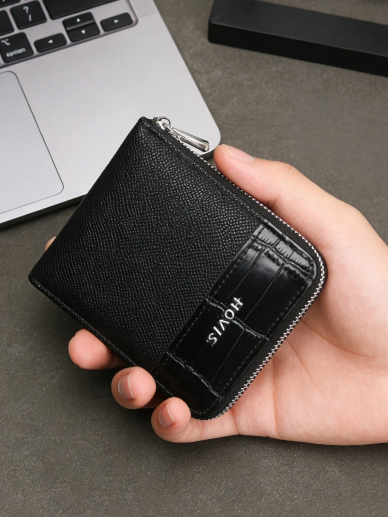 HOVIS Men's Full Zip Around Bifold Short Wallet - Saffiano & Crocodile Embossed Leather Wallet with ID Window, Multi-Card Slots