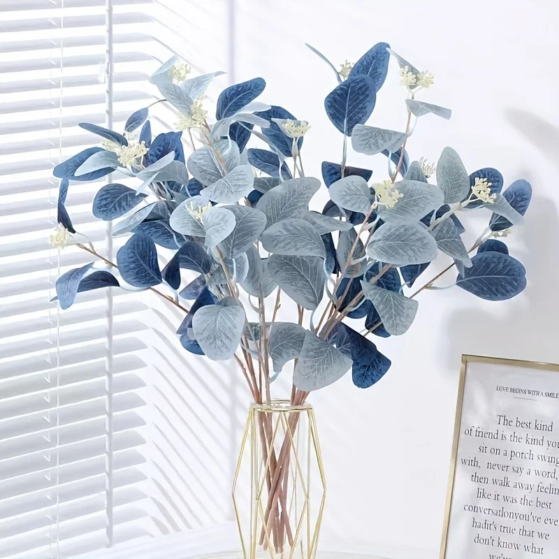 

6pcs Faux Eucalyptus Stems- Blue Artificial Greenery Spray with Silver Dollar Seeds for Decor, Kitchen, Vase Arrangements Ramos