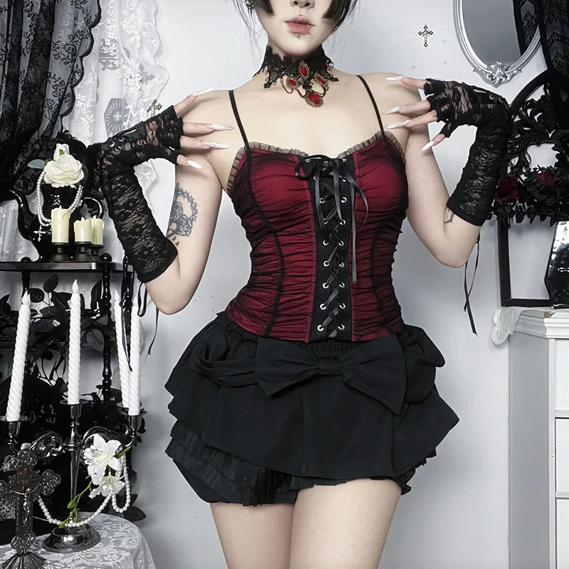 

Summer American Dark Gothic 2 Piece Set Women's Backless Thin Strap Vest + Spliced Mesh Bow Tiered Skirt Vintage Punk Y2K Set