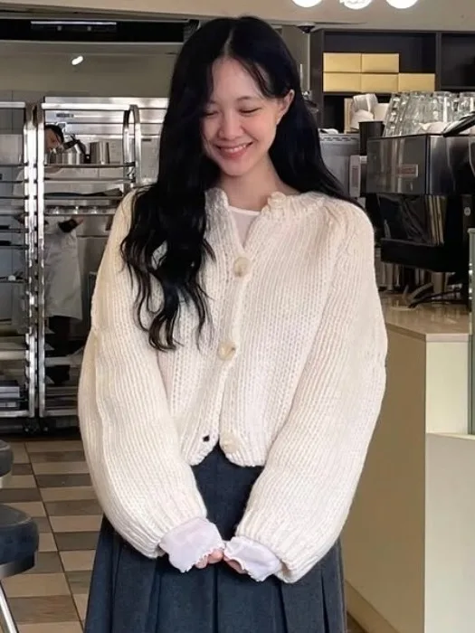 

Chic ort Knitted Sweater Coat Women's round Ne Single Button Loose Fit Korean Sle Winter Faion Soft Thi Needle