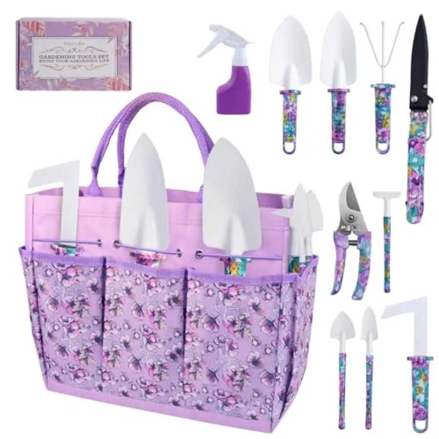 

Gardening Tools 10 Piece Garden Tool Set with Garden Tools and Floral Print Organizer Handbag Gardening Hand Tools with Gift Bo